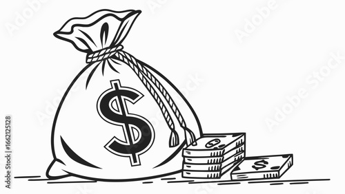Illustration of a money bag with a dollar sign and stacks of cash in black and white simple drawing
