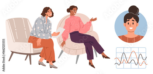 Two seated women engaged in conversation, holding paper, with a data chart and separate individual profile. Ideal for teamwork, analysis, consulting, psychology, mentoring, coaching communication
