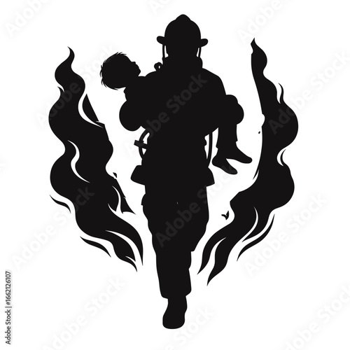Firefighter carrying person against flame background