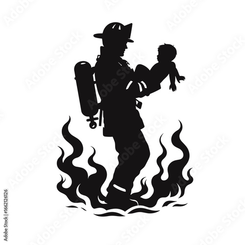 Firefighter rescuing child from flames