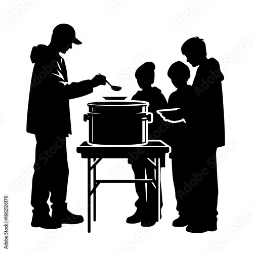 Volunteer serving food to family in silhouette