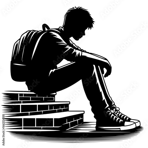 Child sitting on brick steps with backpack