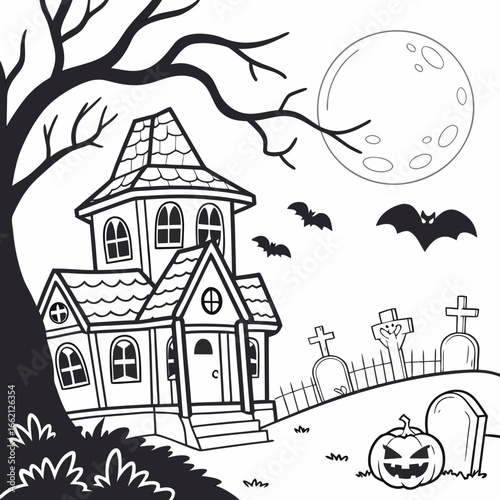 Halloween spooky night with pumpkins, house, moon, tombstones, graves and flying bats. Halloween trick or treat greeting invitation. Coloring Page Vector Illustration black and white 