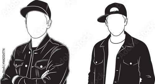 Faceless male characters in streetwear fashion with cap and jacket silhouette vector illustration