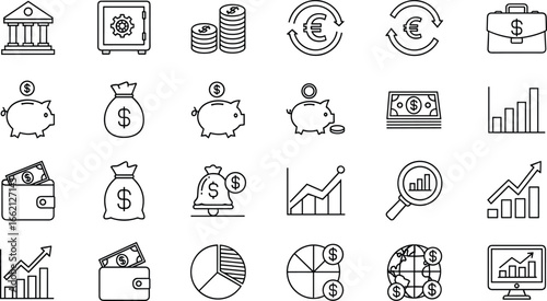 Finance and Economics Icons – Black and White Vector Set Featuring Money, Banking, Charts, Wallets, Currency, Investment, and Business Symbols