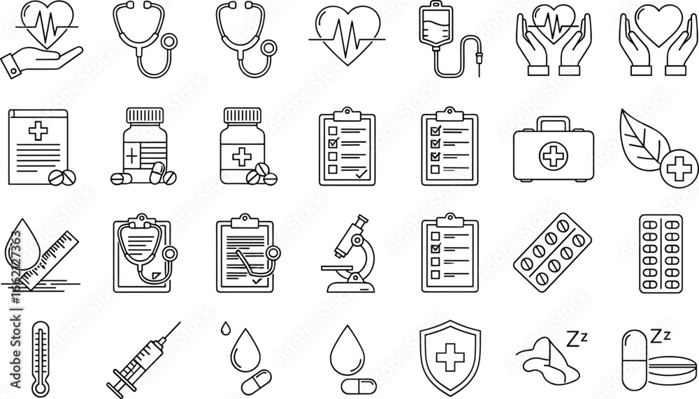 Fototapeta premium Medical and Healthcare Icons – Black and White Vector Set Featuring Diagnostics, Treatment, Pills, Heartbeat, Protection, Sleep, and Wellness Symbols