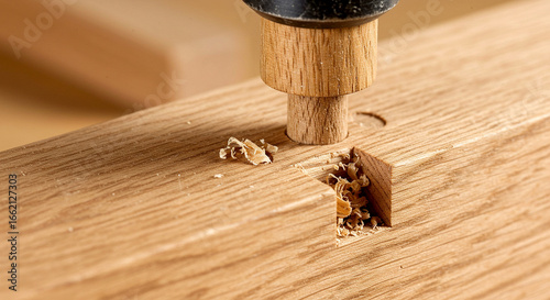 Drill cutting mortise in wood block