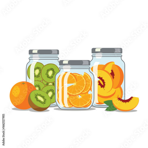 Freshly preserved sliced kiwis oranges and peaches in glass jars with whole fruits