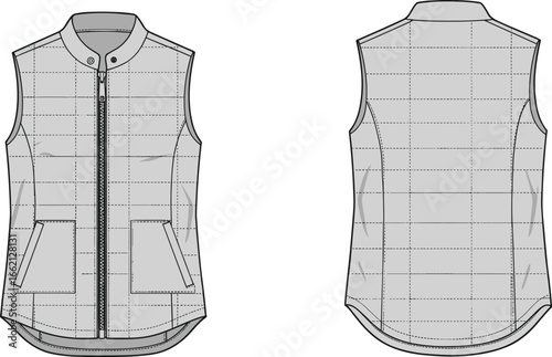 Sleeveless padded vest flat sketch, quilted outerwear design vector illustration, front and back technical drawing, fashion CAD template for apparel