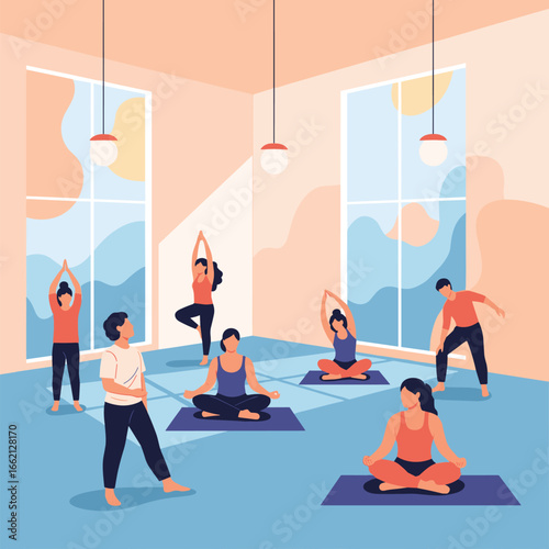 Diverse group practicing yoga together in a bright sunlit room fostering wellness and community spirit