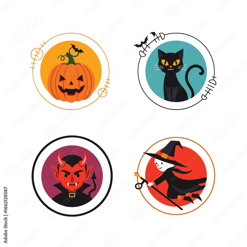 Fototapeta premium Spooky halloween icons featuring a jack o lantern black cat devil and witch ready for the holiday