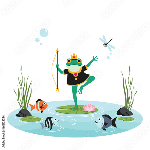 A royal frog dances gracefully on a lily pad holding a bow and arrow surrounded by fish and a dragonfly in a pond