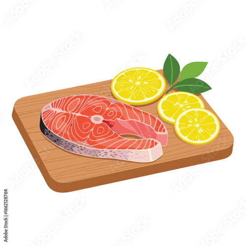 Fresh raw salmon steak with lemon slices and green leaves on a wooden cutting board