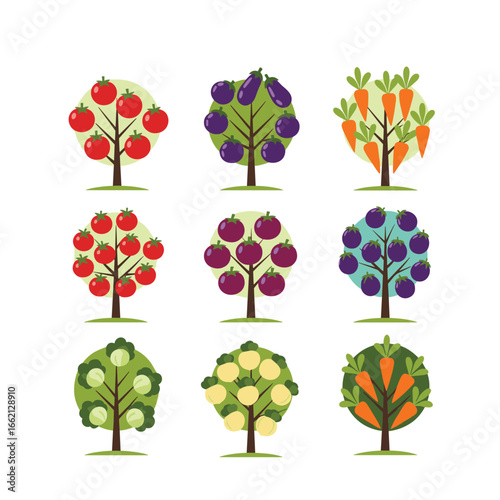 Nine stylized trees each bearing different types of fresh fruits and vegetables