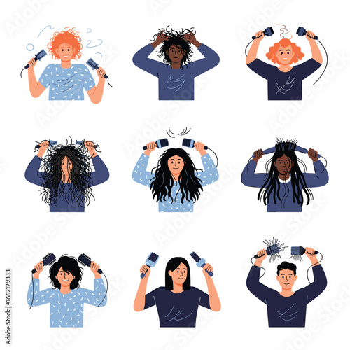 Diverse individuals struggling to style their frizzy and unruly hair with hair dryers and brushes creating tangled messes