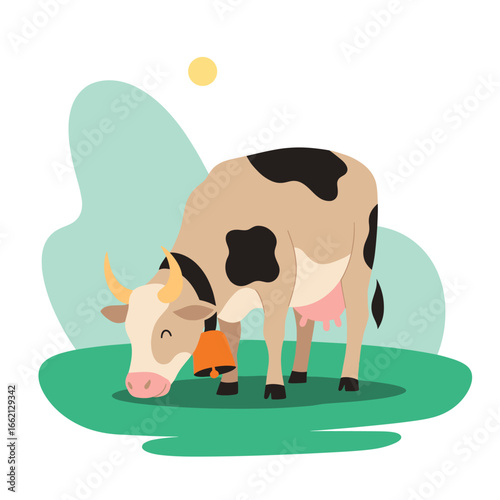 Illustration of a brown cow with black spots and a bell grazing peacefully in a green field under a yellow sun