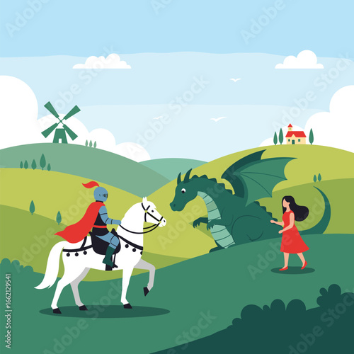 Brave knight on white horse confronts fierce green dragon protecting a woman in a red dress in a pastoral landscape