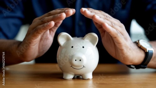 Man's Hands Sheltering a White Piggy Bank to Protect Financial Savings