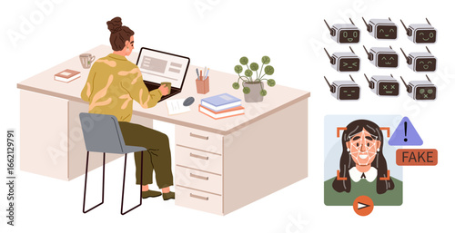 Woman working on desktop, surrounded by books and a mug. Nearby are camera icons representing surveillance and a deepfake warning screen. Ideal for technology, AI ethics, cybersecurity, data