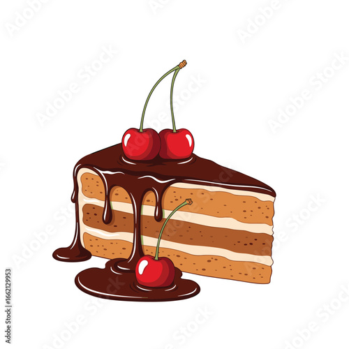 Delicious chocolate drizzled cake slice garnished with fresh cherries and chocolate sauce