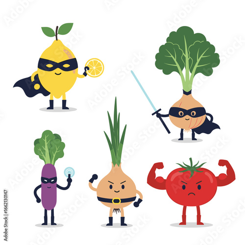 Super healthy vegetables and fruits fighting for goodness with their powers and skills
