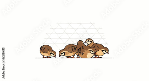 A charming illustration of a covey of small brown partridge chicks feeding together.