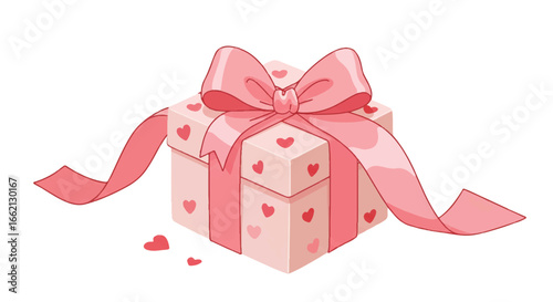 A charming pink gift box adorned with red hearts and a large elegant ribbon bow.