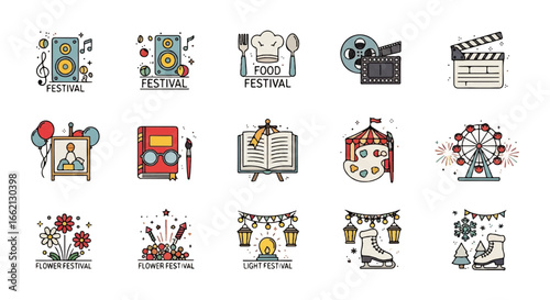 A colorful collection of handdrawn doodle style icons representing various types of festivals and cultural events.