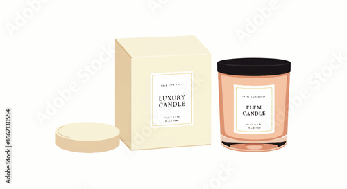 A luxury scented candle set illustration featuring a pink wax candle in a glass jar with a black lid and its elegant creamcolored box.