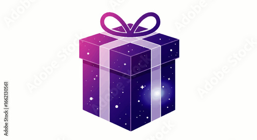 A magical gift box featuring a cosmic purple and pink gradient adorned with sparkling stars and a delicate bow.