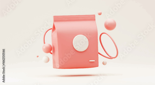 A minimalist 3D render of a matte pink product pouch with a sealed top and blank white label.