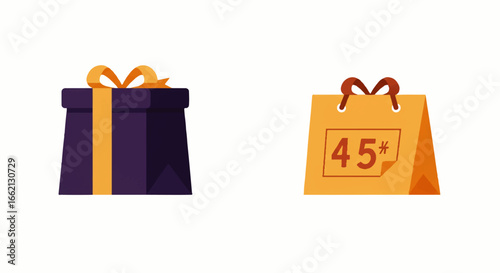 A purple gift box with a gold ribbon and a brown paper shopping bag with a price sticker.