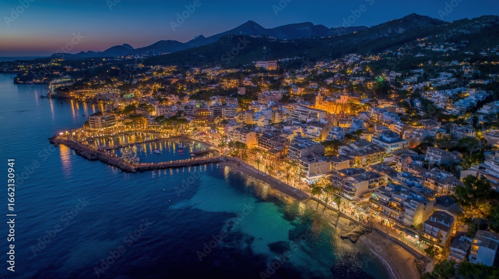 Fototapeta premium coastal town twilight aerial view