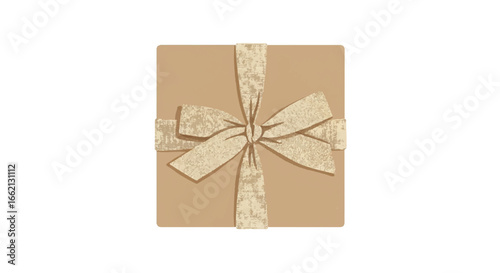 A square brown gift box wrapped with a textured rustic beige ribbon and bow top view.