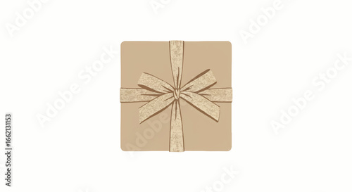 A square gift box wrapped in beige paper with a textured ribbon and bow top view.