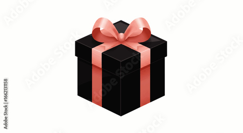 A stylish black gift box with a glossy finish wrapped with a shiny pink satin ribbon and a decorative bow.