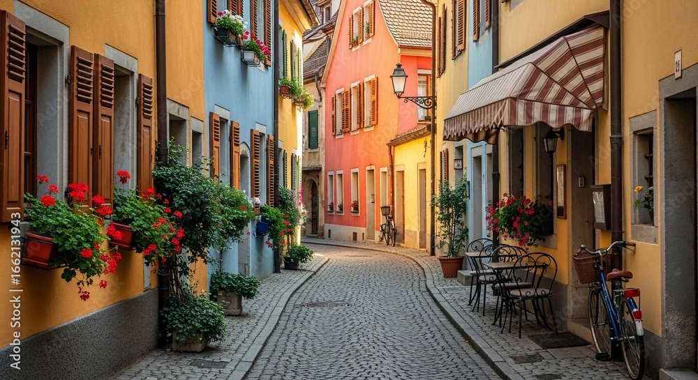 Obraz premium Charming European Cobblestone Street Lined with Colorful Buildings and Flower Boxes.