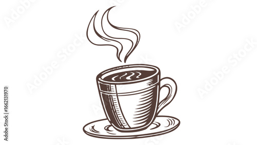 Illustration of a steaming coffee cup on a saucer with a simple line art style drawing design