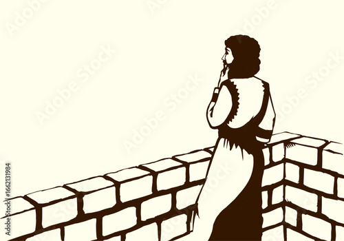 Vector drawing. King David on the roof of palace