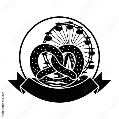 Oktoberfest illustration of a pretzel in front of a ferris wheel with a banner, vector