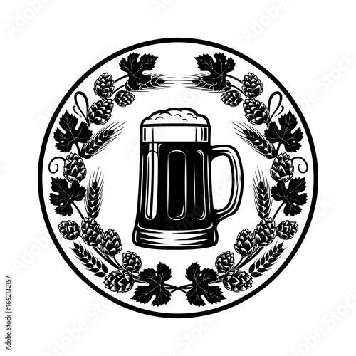 Oktoberfest illustration of a beer mug surrounded by a wreath of hops and wheat, vector