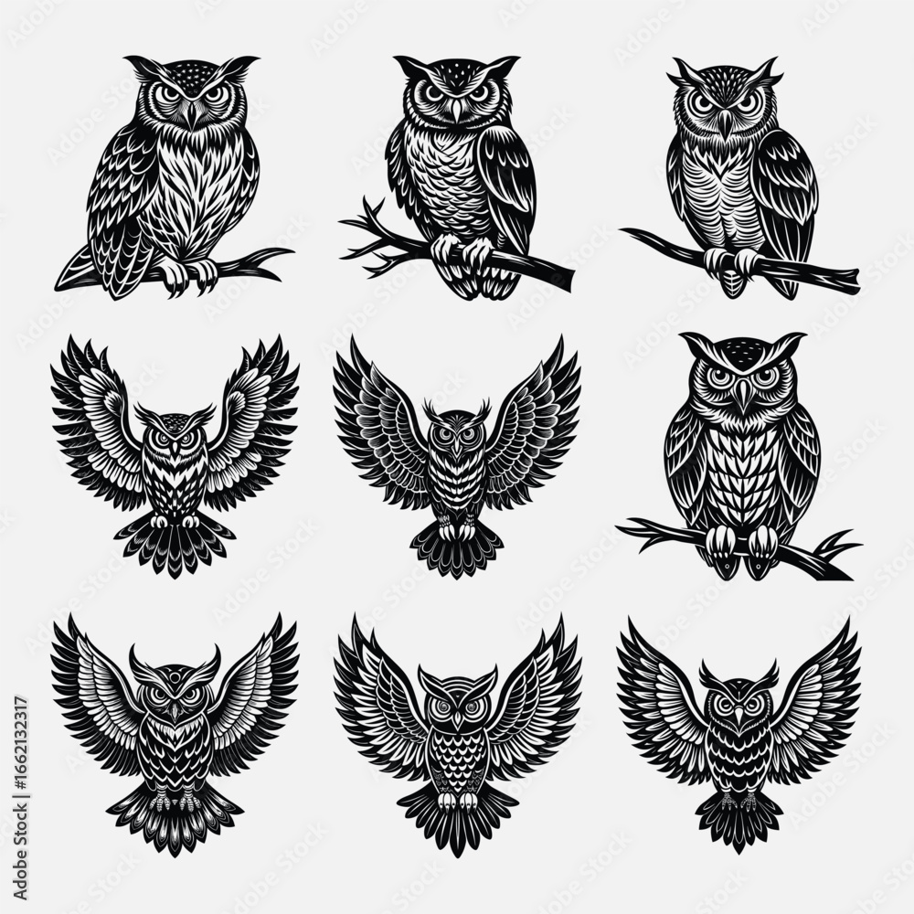 Obraz premium Great Horned Owl Vector Art, Stunning great horned owl vector art featuring detailed illustration of this majestic bird, perfect for t-shirt designs, wildlife logos, posters, stickers, and digital pro