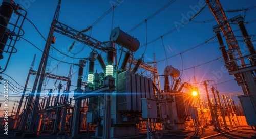 Electrical power station at dusk, with large transformers and glowing insulators