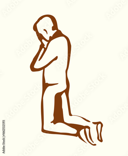 Vector drawing. Praying young man