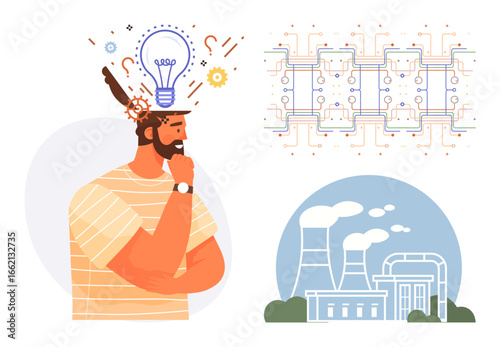 Thoughtful man considering solutions connected to technology, industrial innovation, and sustainability. Ideal for creativity, innovation, technology, energy, industry, problem-solving inspiration