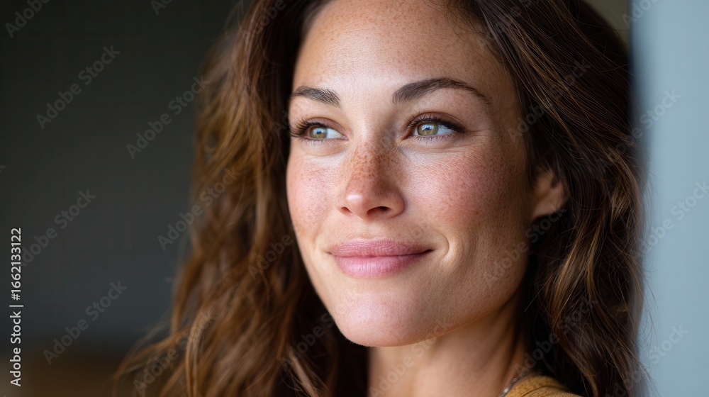 Obraz premium A close-up portrait of a smiling woman with long, wavy hair and freckles, gazing thoughtfully out a window, conveying a sense of calm and happiness.