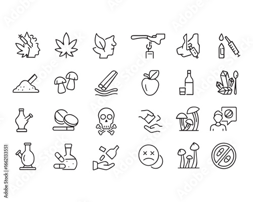 Set of outline icons related to drugs, narcotics. Linear icon collection