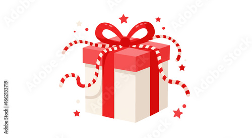 Festive white gift box with a red lid bow and curly striped candy cane ribbon.