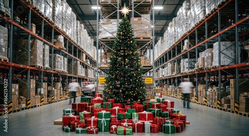 Festive Christmas tree with gifts stands in a bustling warehouse aisle