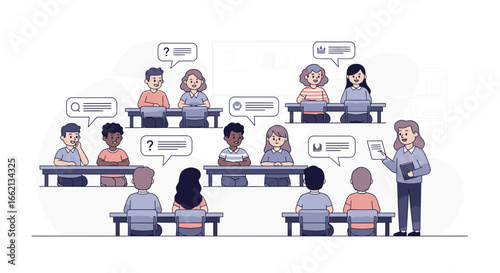A diverse group of students actively participating in a classroom setting, engaging in discussions and asking questions during a lecture led by their teacher